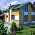 Проект дома «Х-180» из СИП-панелей, 180 м² — двухэтажный дом с жёлтым кирпичным фасадом, зелёной крышей и панорамными окнами | HotWell.KZ
