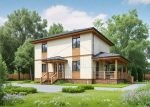 Проект дома «Х-168» из СИП-панелей, 168 м² — двухэтажный оштукатуренный дом с деревянными вставками и крытой террасой | HotWell.KZ