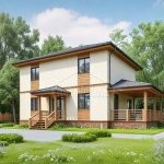 Проект дома «Х-168» из СИП-панелей, 168 м² — двухэтажный оштукатуренный дом с деревянными вставками и крытой террасой | HotWell.KZ