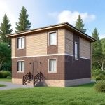 Проект дома «Ф-132» из СИП-панелей, 132 м² — двухэтажный дом с тёмным кирпичом и деревянной отделкой, крыльцо со ступенями | HotWell.KZ