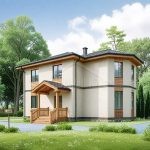 Проект дома «Ф-159» из СИП-панелей, 159 м² — двухэтажный дом со светлым оштукатуренным фасадом, крыльцом и вальмовой крышей | HotWell.KZ