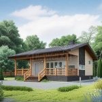Проект дома «Ч-62» из СИП-панелей, 62 м² — одноэтажный дом со светлым деревянным фасадом, терраса с деревянными опорами | HotWell.KZ
