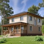 Проект дома «Б-131» из СИП-панелей, 131 м² — двухэтажный дом, штукатурка и кирпич, деревянная терраса | HotWell.KZ