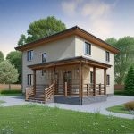 Проект дома «Б-153» из СИП-панелей, 153 м² — двухэтажный дом с бежевой штукатуркой, крытое крыльцо с деревянным ограждением | HotWell.KZ