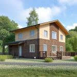 Проект дома «Б-150ББ» из СИП-панелей, 150 м² — двухэтажный дом с фасадом из штукатурки и камня и террасой | HotWell.KZ