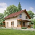 Проект дома «Б-158ББ» из СИП-панелей, 158 м² — дом с мансардой, светлая штукатурка с деревянной отделкой, коричневая крыша | HotWell.KZ