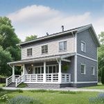 Проект дома «Б-160ББ» из СИП-панелей, 160 м² — двухэтажный дом с серым сайдингом, крытая терраса с белыми перилами | HotWell.KZ