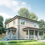 Проект дома «Б-164ВВ» из СИП-панелей, 164 м² — двухэтажный дом со светло-серым сайдингом и угловой террасой с белыми перилами | HotWell.KZ