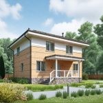 Проект дома «Г-160» из СИП-панелей, 160 м² — двухэтажный дом с деревянным фасадом, каменным цоколем и крыльцом | HotWell.KZ