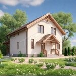 Проект дома «Г-168ББ» из СИП-панелей, 168 м² — дом с мансардой, бежевая штукатурка, коричневая двускатная крыша, крыльцо с навесом | HotWell.KZ