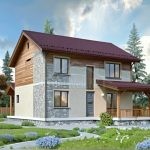 Проект дома «В-142ББ» из СИП-панелей, 142 м² — двухэтажный дом с отделкой деревом и камнем, бордовая крыша, терраса | HotWell.KZ
