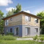 Проект дома «Д-155ББ» из СИП-панелей, 155 м² — двухэтажный дом с деревянным верхом и серым кирпичом, панорамные окна | HotWell.KZ