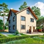 Проект дома «Д-180ББ» из СИП-панелей, 180 м² — двухэтажный дом с бежевым фасадом, коричневой крышей и деревянным крыльцом | HotWell.KZ