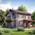 Проект дома «Д-187» из СИП-панелей, 187 м² — двухэтажный дом с серой отделкой камнем, бордовая крыша, балкон и терраса | HotWell.KZ