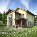 Проект дома «В-372» из СИП-панелей, 372 м² — двухэтажный дом с жёлтой штукатуркой и деревом, крытое крыльцо и панорамные окна | HotWell.KZ