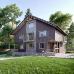 Проект дома «В-393» из СИП-панелей, 393 м² — двухэтажный дом из тёмного кирпича с каменной отделкой, балконом и террасой | HotWell.KZ