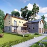 Проект дома «В-530» из СИП-панелей, 530 м² — двухэтажный дом с жёлтой штукатуркой и серым кирпичом, балкон, терраса и гараж | HotWell.KZ