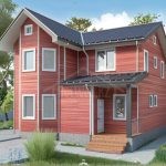 Проект дома «Г-170» из СИП-панелей, 170 м² — двухэтажный дом с красным деревянным фасадом и крыльцом | HotWell.KZ