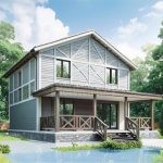 Проект дома «Г-182ББ» из СИП-панелей, 182 м² — двухэтажный дом с серо-голубым фасадом и крытой террасой | HotWell.KZ