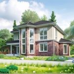 Проект дома «Г-191» из СИП-панелей, 191 м² — двухэтажный дом со штукатуркой, кирпичной отделкой и панорамными окнами | HotWell.KZ