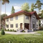 Проект дома «Д-379» из СИП-панелей, 379 м² — двухэтажный дом со светлой штукатуркой и каменными вставками, красная черепичная крыша, крыльцо | HotWell.KZ