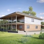 Проект дома «Ч-431» из СИП-панелей, 431 м² — двухэтажный дом с деревянным фасадом, белым сайдингом и большой террасой с панорамным остеклением | HotWell.KZ