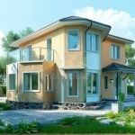 Проект дома «Ч-156» из СИП-панелей, 156 м² — двухэтажный дом с жёлтой штукатуркой, эркером и балконом со стеклянным ограждением | HotWell.KZ