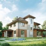 Проект дома «Ц-352» из СИП-панелей, 352 м² — двухэтажный дом со штукатуркой, кирпичными вставками и гаражом | HotWell.KZ