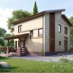 Проект дома «Ц-151» из СИП-панелей, 151 м² — двухэтажный дом со светлым кирпичом и деревянными вставками, крытая терраса | HotWell.KZ