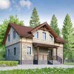 Проект дома «В-160» из СИП-панелей, 160 м² — дом с мансардой, каменным цоколем и бежевой штукатуркой, крыльцом под навесом | HotWell.KZ
