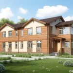 Проект дома «П-434ББ» из СИП-панелей, 434 м² — двухэтажный дом с деревянной обшивкой, каменный цоколь и эркер | HotWell.KZ