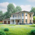 Проект дома «П-265» из СИП-панелей, 265 м² — двухэтажный дом с фасадом из жёлтого кирпича, гараж на две машины и балкон | HotWell.KZ