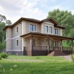 Проект дома «П-368» из СИП-панелей, 368 м² — двухэтажный дом со светлым каменным фасадом и деревом, крытая терраса с крыльцом | HotWell.KZ