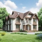 Проект дома «П-353» из СИП-панелей, 353 м² — двухэтажный дом с мансардой, светлая штукатурка с деревом и кирпичом, балконы и крыльцо | HotWell.KZ
