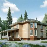 Проект дома «П-322» из СИП-панелей, 322 м² — двухэтажный дом с бежевым фасадом из штукатурки и кирпича, крытая веранда и крыльцо | HotWell.KZ