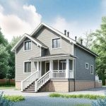 Проект дома «П-140ББ» из СИП-панелей, 140 м² — двухэтажный дом с серым сайдингом и крыльцом с белыми перилами | HotWell.KZ