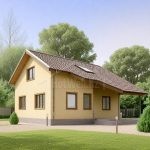 Проект дома «П-183ББ» из СИП-панелей, 183 м² — дом с мансардой, жёлтый фасад и двускатная коричневая крыша с навесом | HotWell.KZ