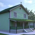 Проект дома «П-182» из СИП-панелей, 182 м² — двухэтажный дом с зелёной штукатуркой и зелёной крышей, терраса с коваными перилами | HotWell.KZ