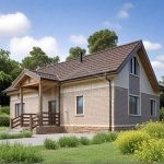 Проект дома «П-180ВВ» из СИП-панелей, 180 м² — одноэтажный дом с мансардой из бежевого кирпича, крыльцом и черепичной крышей | HotWell.KZ