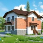 Проект дома «П-199ББ» из СИП-панелей, 199 м² — двухэтажный дом с красным кирпичом и белой штукатуркой, коричневой крышей и крыльцом | HotWell.KZ