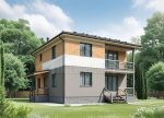 Проект дома «П-157» из СИП-панелей, 157 м² — двухэтажный дом с серой штукатуркой и деревянными вставками, балкон | HotWell.KZ
