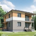 Проект дома «П-157» из СИП-панелей, 157 м² — двухэтажный дом с серой штукатуркой и деревянными вставками, балкон | HotWell.KZ