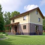 Проект дома «П-160» из СИП-панелей, 160 м² — двухэтажный дом с бежевой штукатуркой и серым кирпичом, крытое крыльцо с террасой | HotWell.KZ