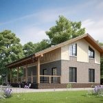 Проект дома «П-140» из СИП-панелей, 140 м² — дом с серым кирпичом и светлой штукатуркой, большая крытая терраса | HotWell.KZ