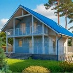 Проект дома «П-126» из СИП-панелей, 126 м² — дом с мансардой, голубым фасадом, синей крышей, балконом и террасой | HotWell.KZ