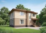 Проект дома «П-152ББ» из СИП-панелей, 152 м² — двухэтажный дом с бежевой штукатуркой и кирпичным низом, крыльцо с навесом | HotWell.KZ