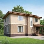 Проект дома «П-152ББ» из СИП-панелей, 152 м² — двухэтажный дом с бежевой штукатуркой и кирпичным низом, крыльцо с навесом | HotWell.KZ