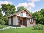 Проект дома «П-173» из СИП-панелей, 173 м² — дом с мансардой, штукатуркой, кирпичом и деревянным крыльцом | HotWell.KZ
