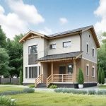 Проект дома «П-163» из СИП-панелей, 163 м² — дом с мансардой, фасад из кирпича и дерева, крыльцо | HotWell.KZ