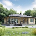 Проект дома «П-161» из СИП-панелей, 161 м² — одноэтажный дом с бежевым сайдингом, тёмной крышей и террасой | HotWell.KZ